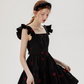 French style suspender floral skirt small flying sleeve black skirt short dress R2748