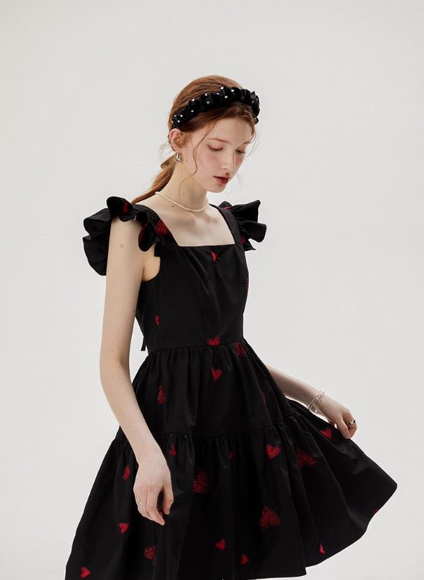 French style suspender floral skirt small flying sleeve black skirt short dress R2748