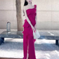 French suspender dress rose red white ruffled slit drape elegant long skirt R1611
