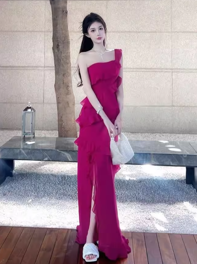 French suspender dress rose red white ruffled slit drape elegant long skirt R1611