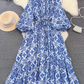 Fashion lantern long sleeve round neck waist a-line print irregular dress elegant long skirt R0404