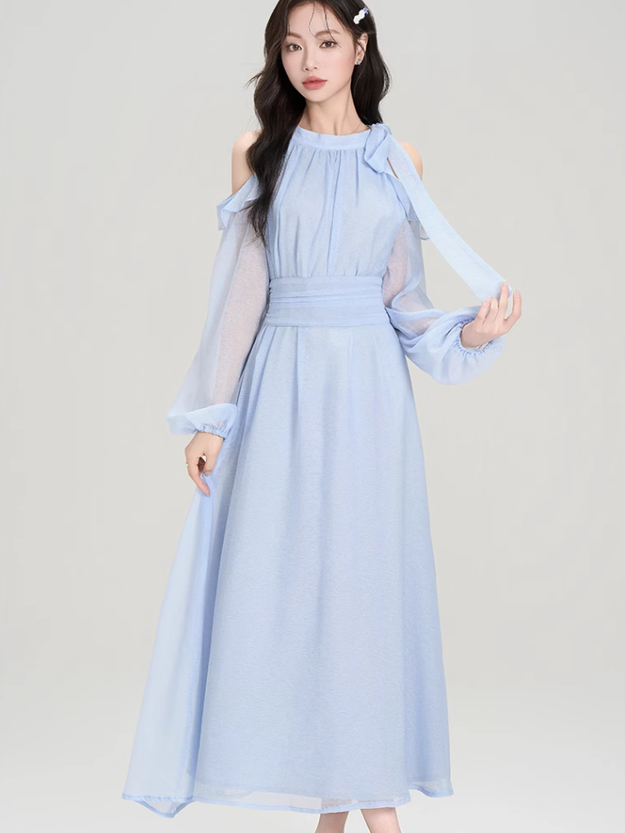 French design holiday halter neck off-shoulder dress beautiful gentle wind skirt R2387