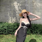 Temperament lace polka dot one-shoulder tube top dress with slim waist and hip-hugging long skirt R0581