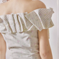 Tea pure cotton striped print pleated waist one-shoulder dress R5213