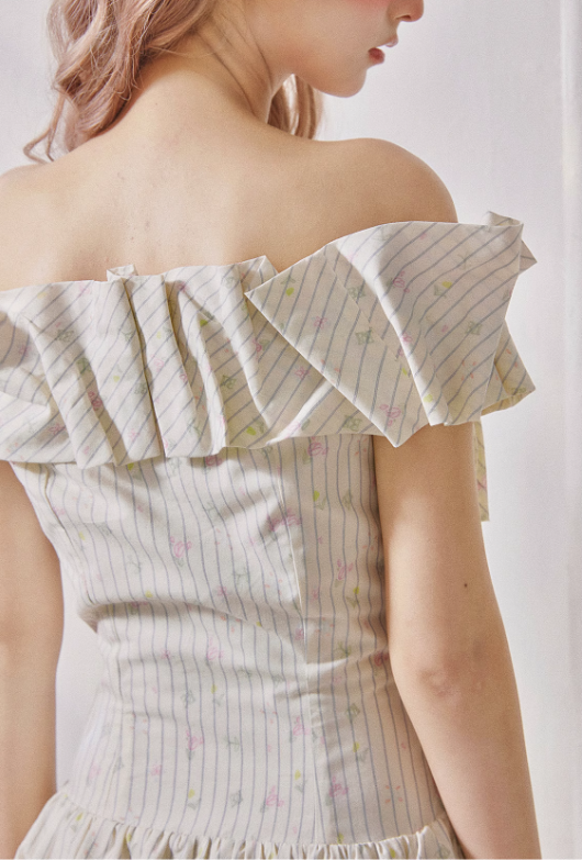 Tea pure cotton striped print pleated waist one-shoulder dress R5213