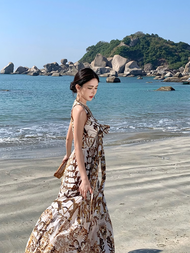 Bohemian style v-neck floral suspender dress temperament waist A-line long skirt R0592