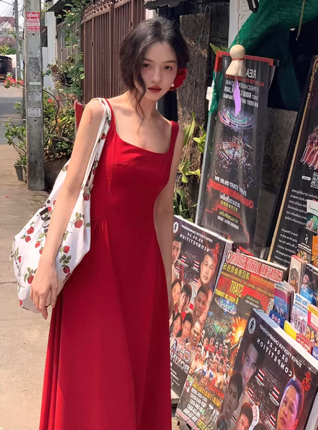 Retro red suspender dress with elegant waist and square neck, gentle A-line long skirt R1431