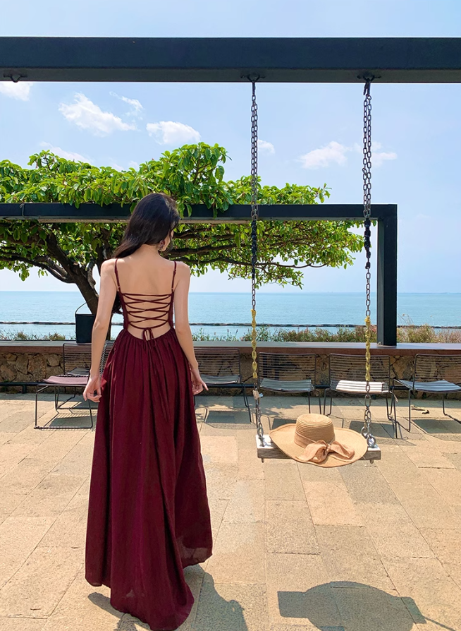 Retro temperament suspender dress beautiful waist slit long skirt R0572