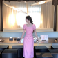 French elegant pink square neck dress for women with slim waist and elegant long skirt R4258