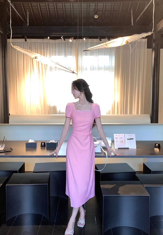 French elegant pink square neck dress for women with slim waist and elegant long skirt R4258