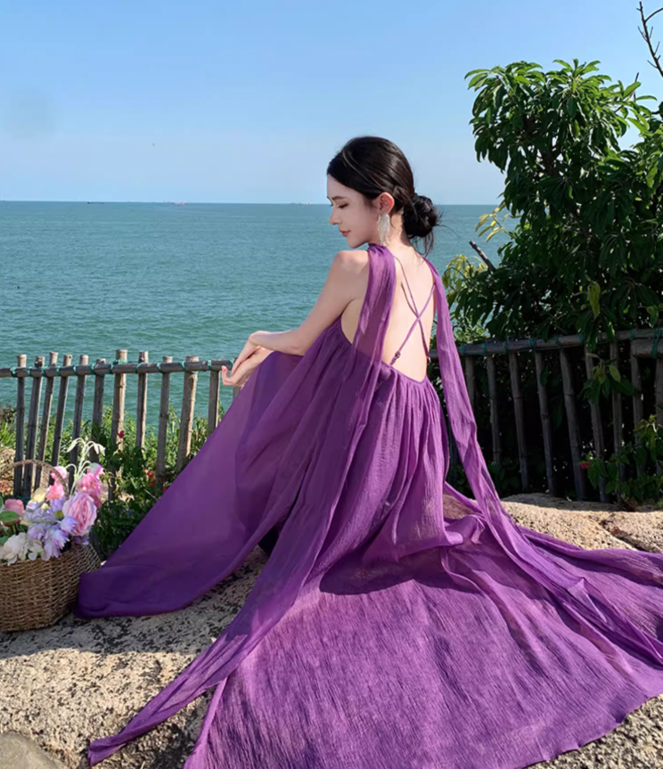Purple beach dress backless dress loose chiffon suspender long dress seaside holiday dress R1595