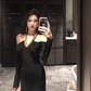 Hepburn style French dress high-end niche temperament sexy off-shoulder black dress R1781