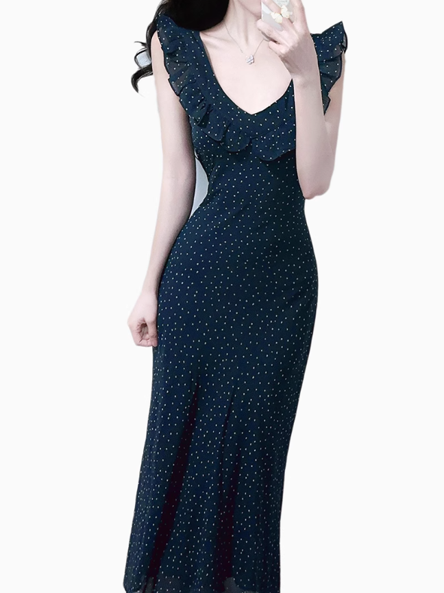 2025 Summer New Black Polka Dot Ruffled Small Flying Sleeve Midi Dress R0962