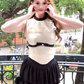 Large size French pure desire sweet contrast color top black puffy skirt gentle suit R1855