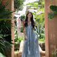 French holiday style light blue plaid halter neck suspender dress forest style beautiful long skirt R0222