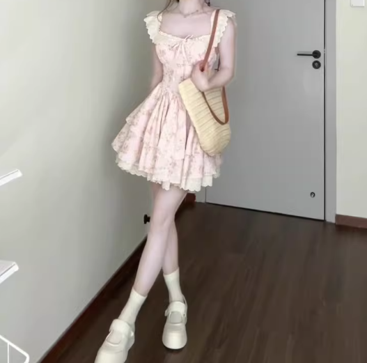 Gentle style pink floral dress beautiful waist A-line tutu skirt R0736