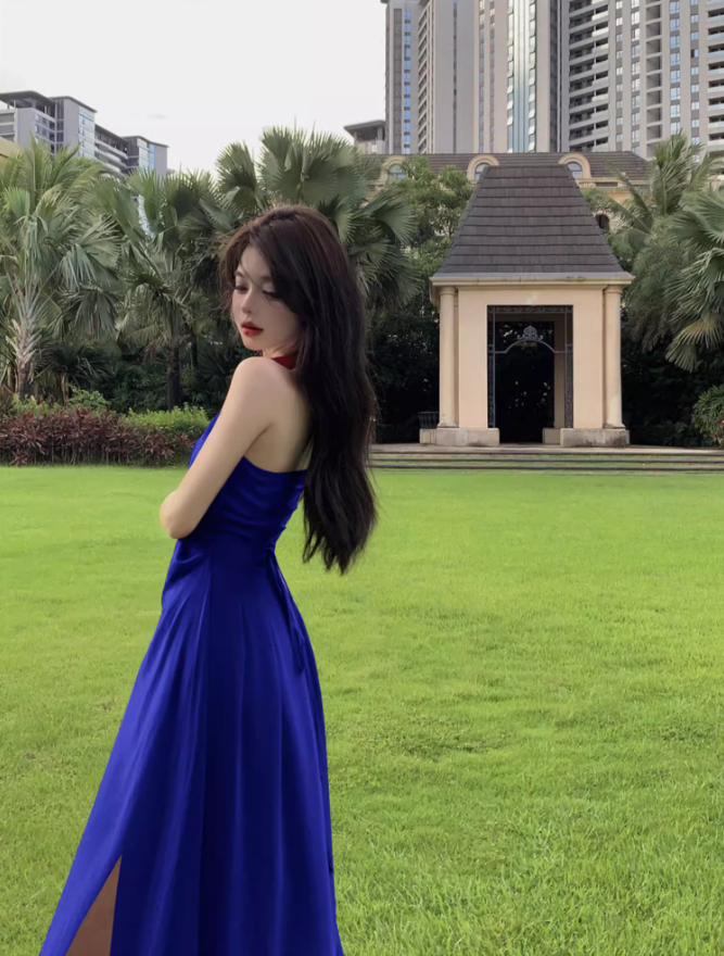 French seaside holiday long dress, temperament and slim red v-neck halter neck drape dress R1600