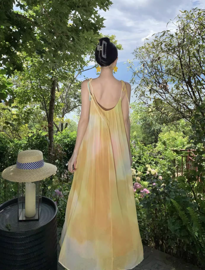 Beach vacation yellow gradient lazy style loose sling gentle style temperament dress R1630