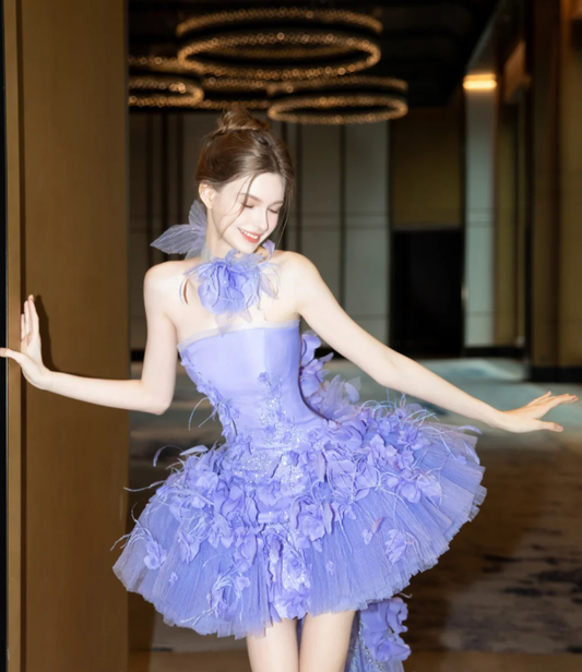 Purple tube top waist fluffy skirt cute princess skirt homecoming dress R4186
