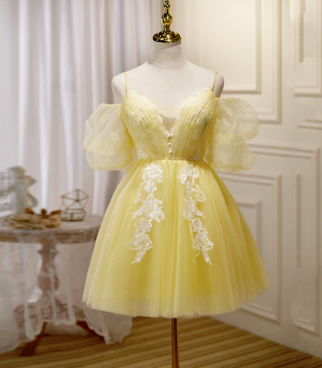 Vibrant Yellow Homecoming Dress ,Tulle Embroidered Corset Short Prom Dress Cami Dress RS1681