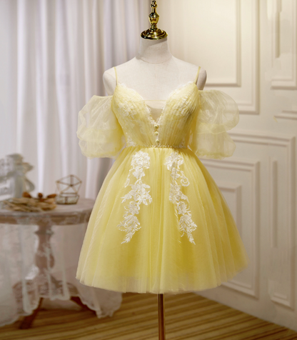 Vibrant Yellow Homecoming Dress ,Tulle Embroidered Corset Short Prom Dress Cami Dress RS1681