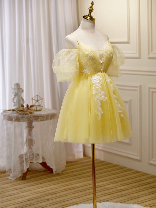 Vibrant Yellow Homecoming Dress ,Tulle Embroidered Corset Short Prom Dress Cami Dress RS1681