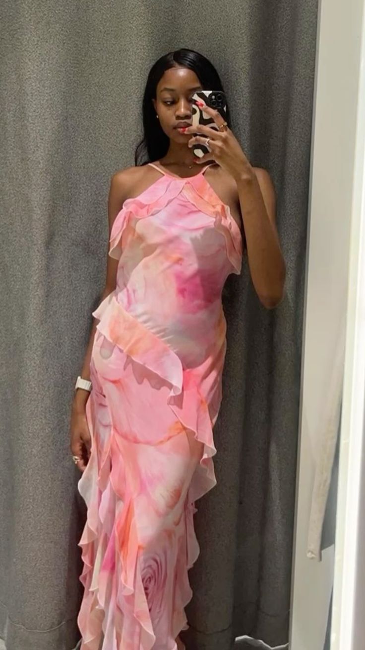 Pink halter neck slim waist long dress, prom dress R5327