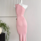 Temperament pure pink gold button off-shoulder short knitted versatile top slim skirt fashion suit R0277