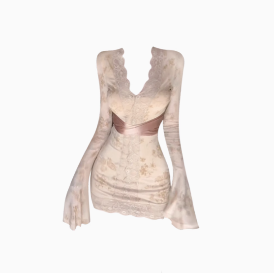 Pure desire style lace splicing V-neck trumpet sleeve dress 2025 waist hip skirt R1010