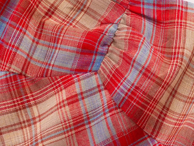 2025 Summer New Red Plaid French Retro Square Neck Temperament Short Sleeve Dress R0973