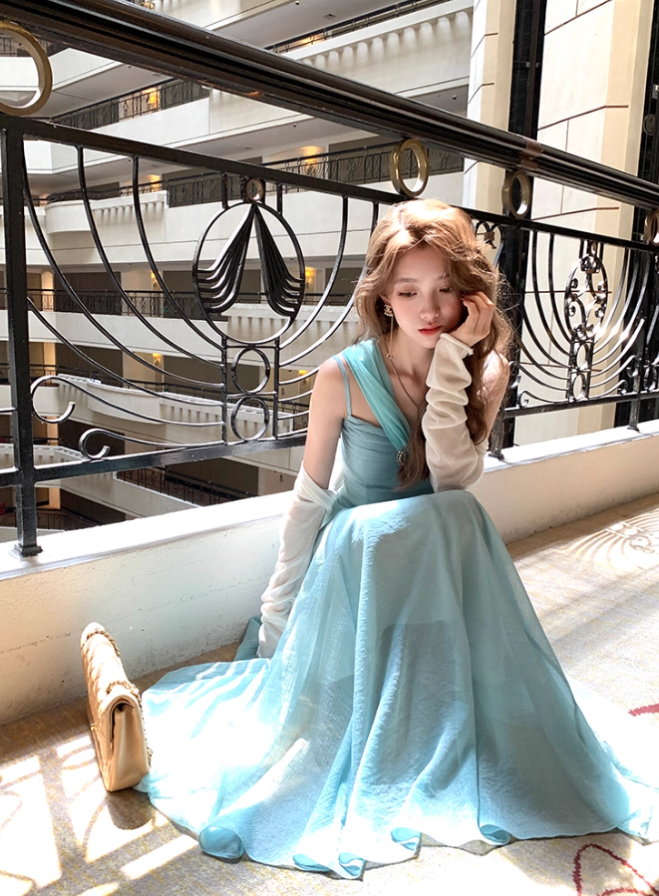 Blue long waist suspender dress women's summer French retro thousand gold skirt R4624