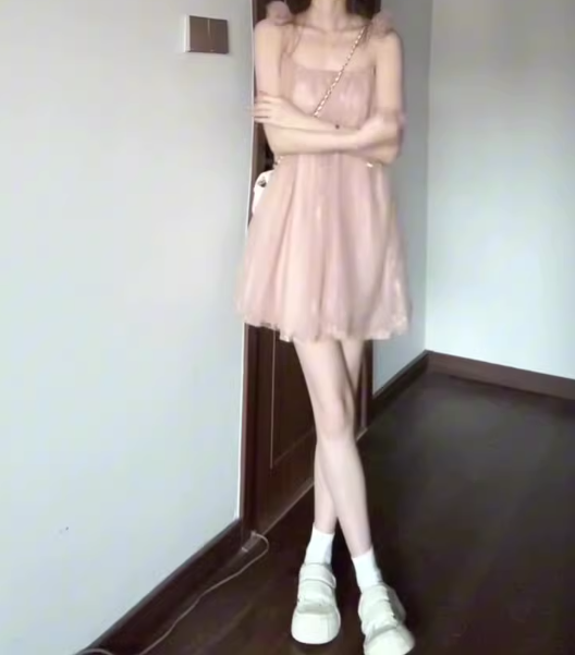 Gentle temperament pink mesh sling dress beautiful loose A-line short skirt R0723