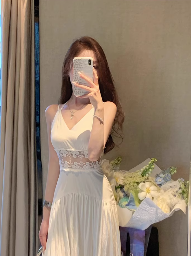 Temperament lace suspender dress waist dress long skirt R0488