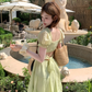 Green long waist square collar short sleeve dress summer French retro a-line high-end skirt R4704