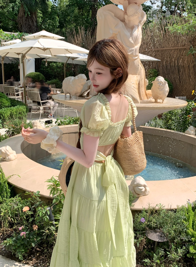 Green long waist square collar short sleeve dress summer French retro a-line high-end skirt R4704