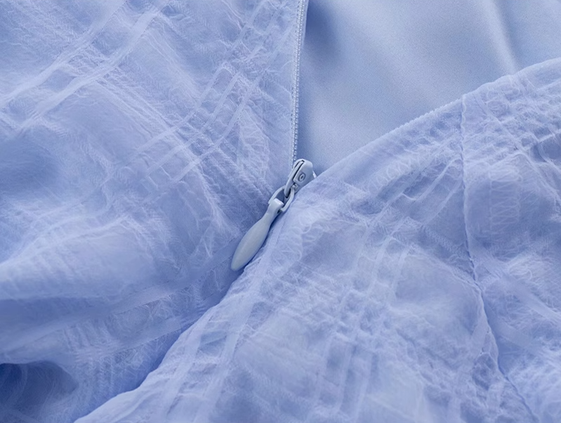 2025 Summer New Blue Mermaid Princess French Flying Sleeve Plaid Long Dress R0957