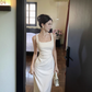 French style high-end black suspender dress temperament slim fit slit hip long skirt R1516