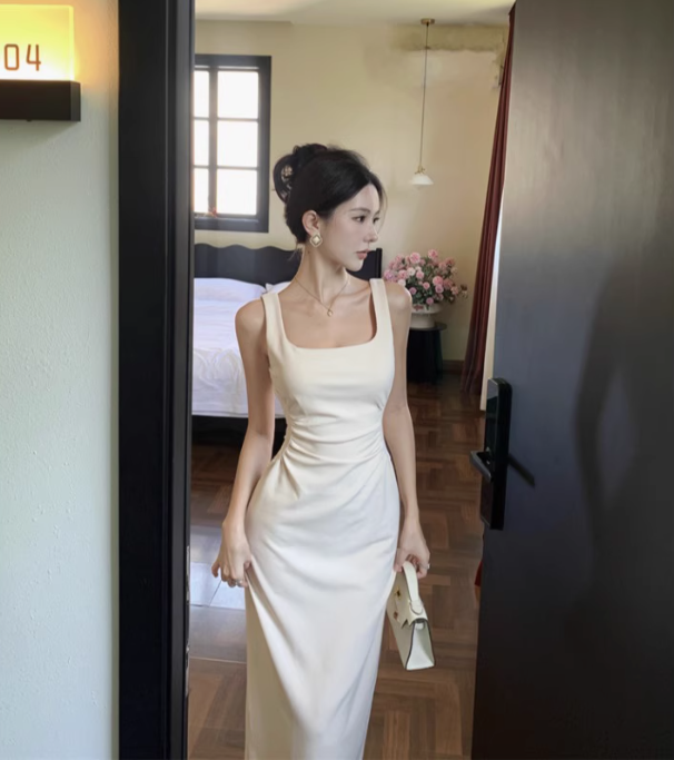 French style high-end black suspender dress temperament slim fit slit hip long skirt R1516