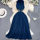 Retro lapel hollow exposed waist waist slimming sleeveless single-breasted A-line split denim dress R0375