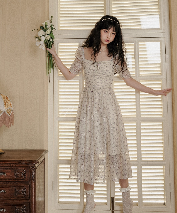 French style skirt petite short skirt short floral skirt puff sleeve dress female summer new style R3462