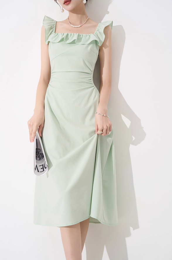 Niche design dress new summer high-end mid-length French temperament sleeveless square neck skirt R4259