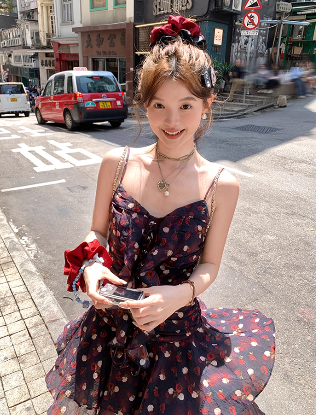 Ruffled Romantic Rose Suspender Dress French Retro Temperament Dress R4988