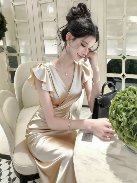 Elegant Champagne Sheath V-neck Bodycon Maxi Prom Dress Evening Dress RS536