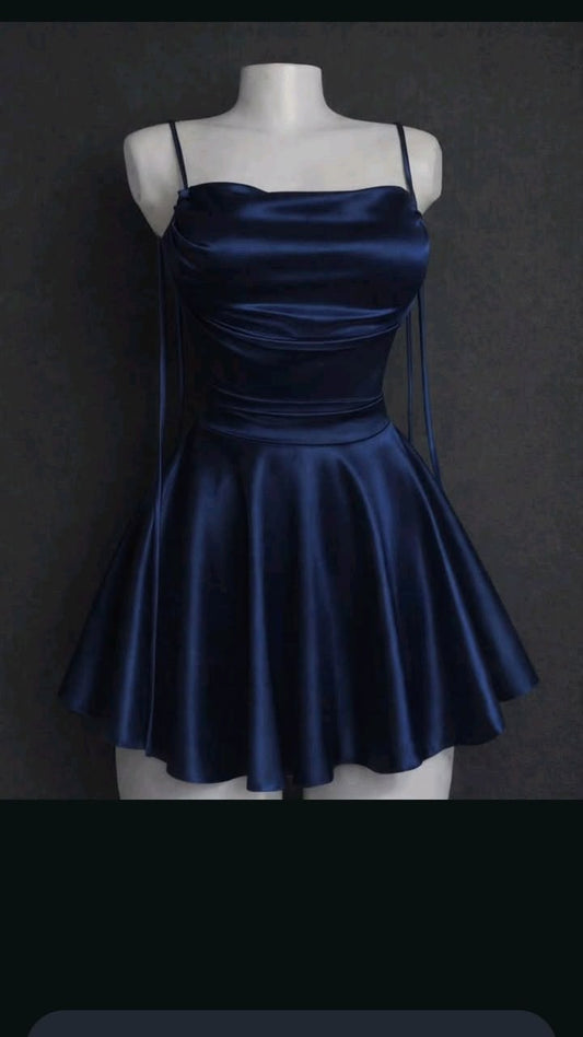 Minimalist Navy A-Line Spaghetti Straps Satin Bodycon Mini Dress Homecoming Dress RS208
