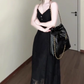 Retro v-neck hollow suspender dress niche waist temperament long skirt R0679