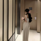 French satin suspender dress square neck pleated slit high-end niche long skirt R1538