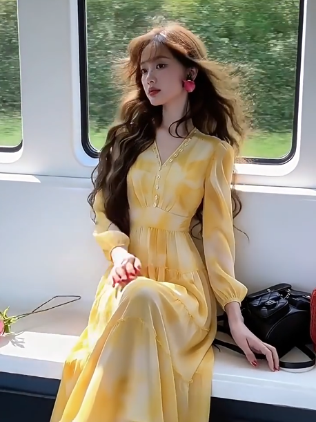 Vibrant Bright Yellow A-Line V-neck Maxi Prom Dress Summer Dress RS537