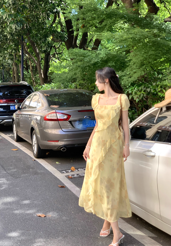 Sunset romantic atmosphere yellow floral dress women's holiday wear long dress R4342