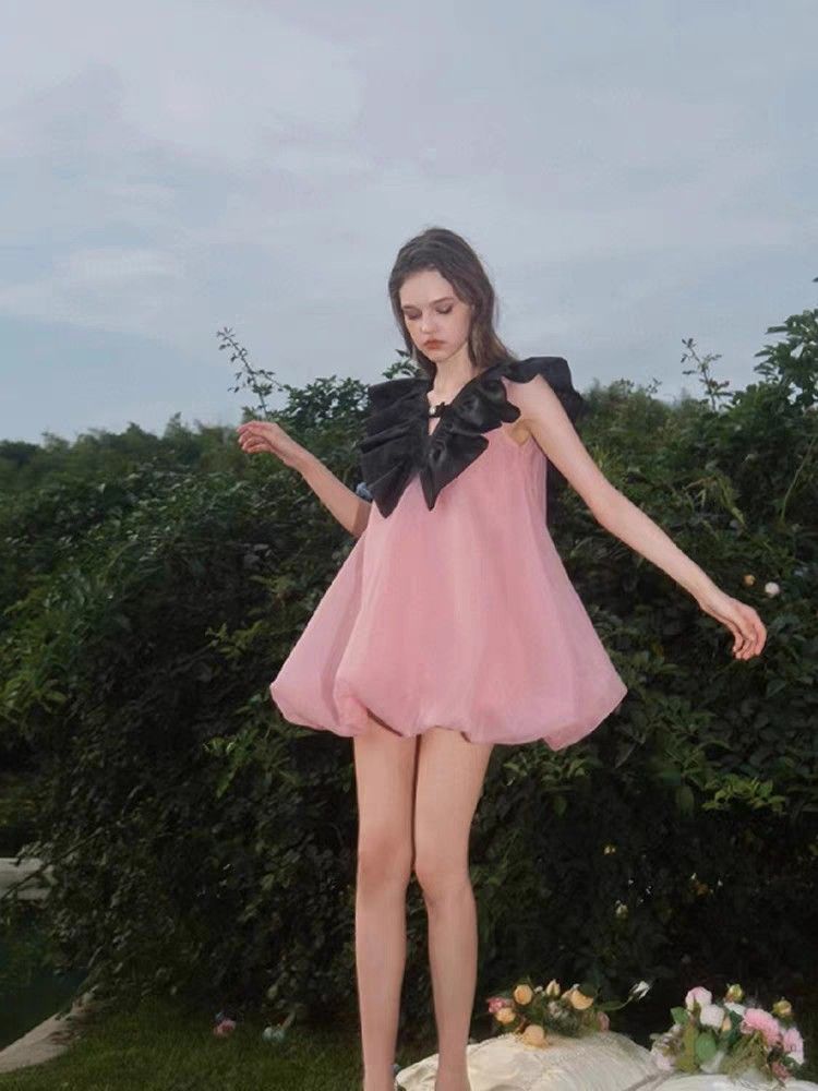 Pink bud skirt black neckline cute charming short skirt homecoming dress R3779