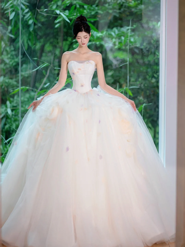 White tube top slim waist pink floral elegant princess ball gown bridal gown R5885